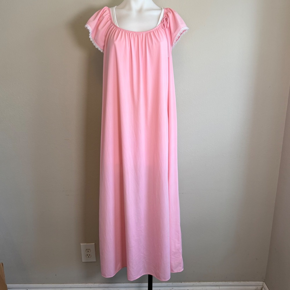 Miss Elaine Pink Nylon Nightgown XL Lace Trim Maxi Sleep Dress Grannycore Retro